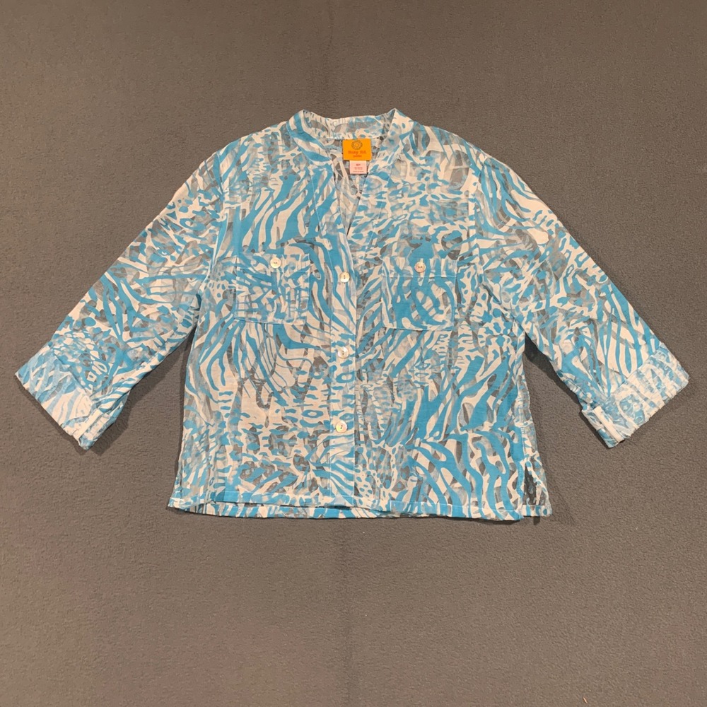 Ruby Rd Petite Blue White Sheer Abstract Animal Print Burnout Button Up Shirt 6P